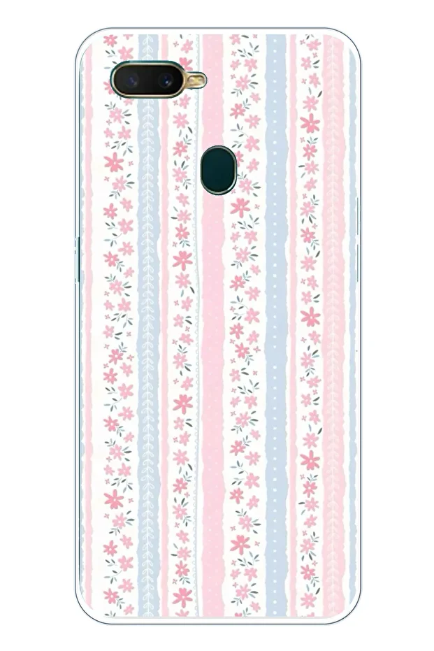 Oppo A5S- Ax7 - A12 Compatible Pink and Blue Vertical Flowers Transparent Silicone Case - 1