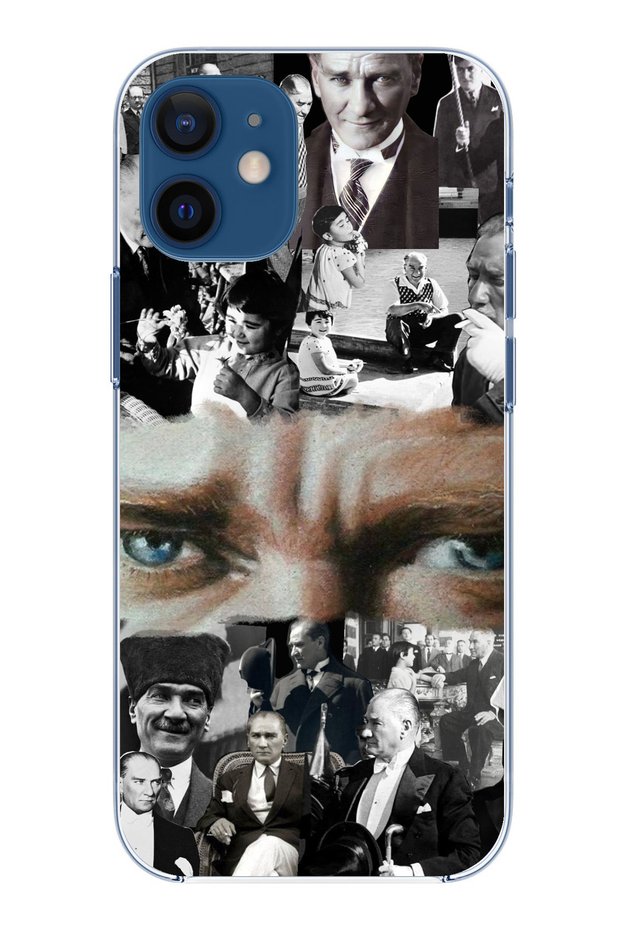 حافظة سيليكون شفافة متوافقة مع هاتف iPhone 12 Mini Atatürk Color Collage Eyes