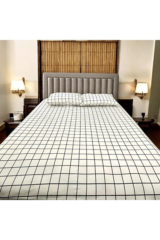 Double Ranforce Fabric Checkered Pattern Fitted Elastic Sheet & 2 Pillowcases - 1