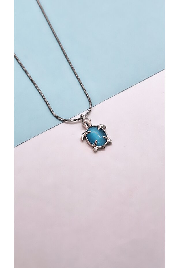 Opal Taşlı Kaplumbağa Çelik Kolye - 5