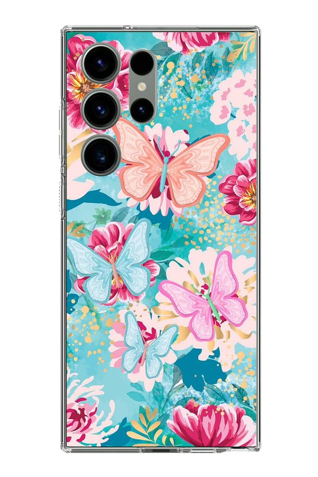 Samsung Galaxy S23 Ultra Compatible Butterflies and Flowers Transparent Silicone Case
