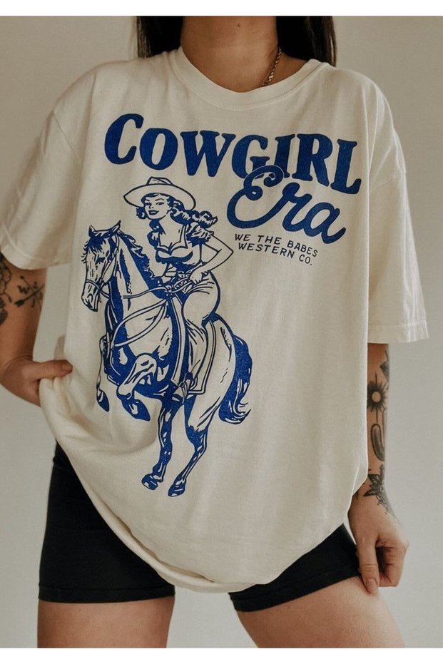 Oversize White Unisex Mold Tshirt Printed T-Shirt Cowgirl