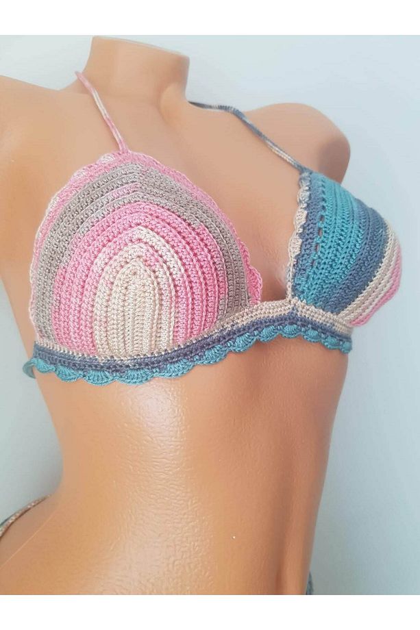 El Örgüsü Tığ İşi Renkli Çizgili Örgü Üçgen Model Bikini Takımı - 4