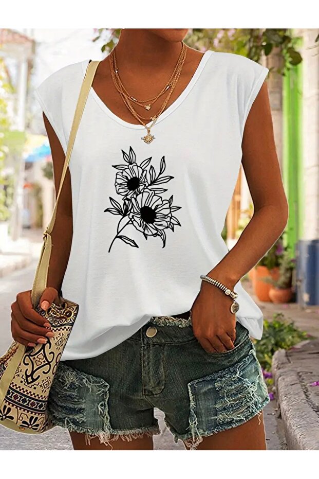 Flower Figure Printed Women's Oversize Sleeveless T-Shirt
