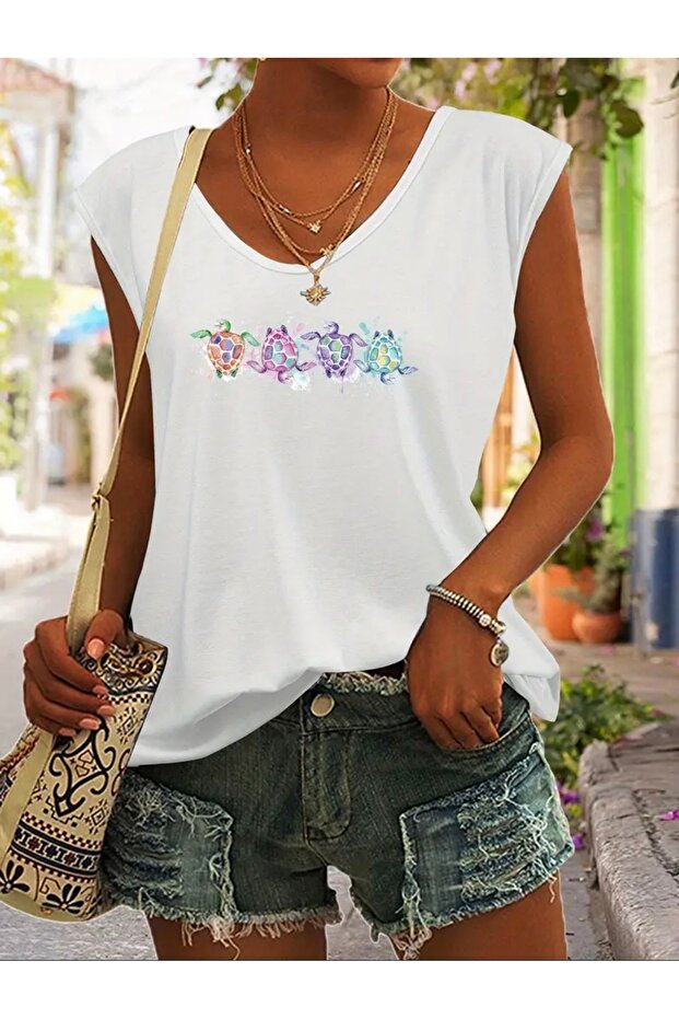 Small Turtles Printed Women's Oversize Sleeveless T-Shirt