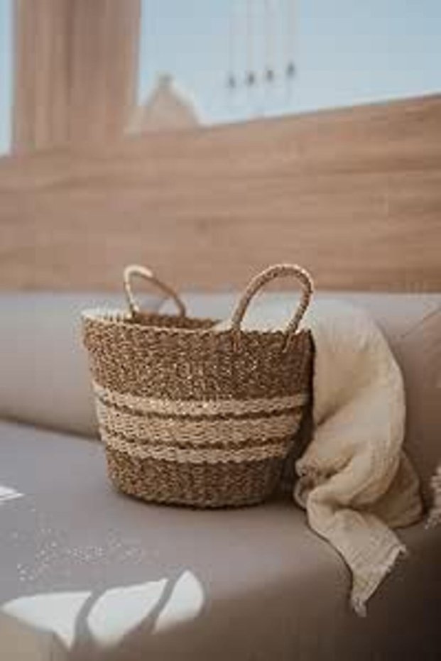 Handwoven Seagrass & Palm Leaf Baskets with Handles – Boho Storage for Laundry, Decor & More