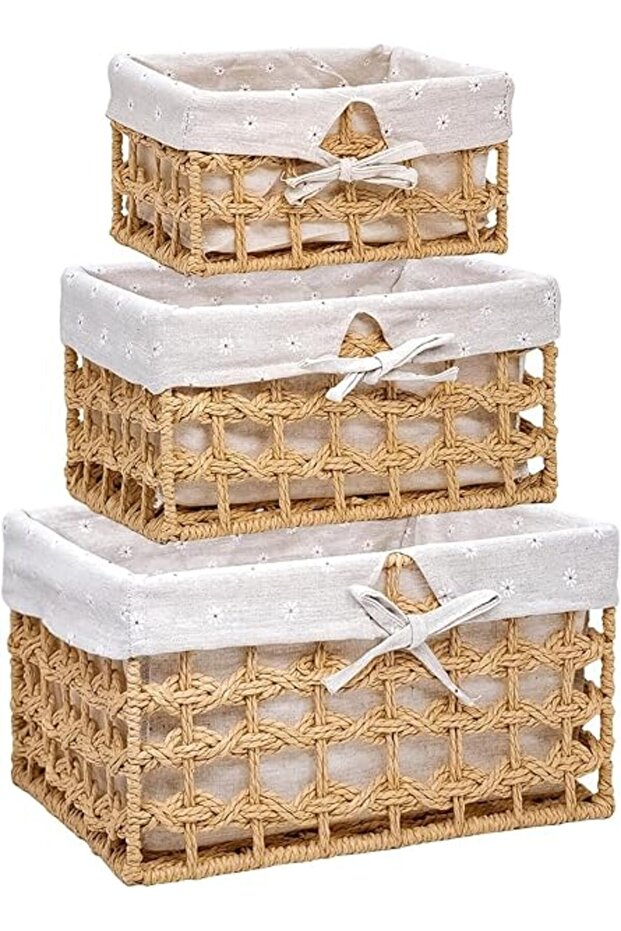 3-Pack Hand-Woven Wicker Storage Baskets – Foldable Rectangular Bins for Laundry, Towels & More