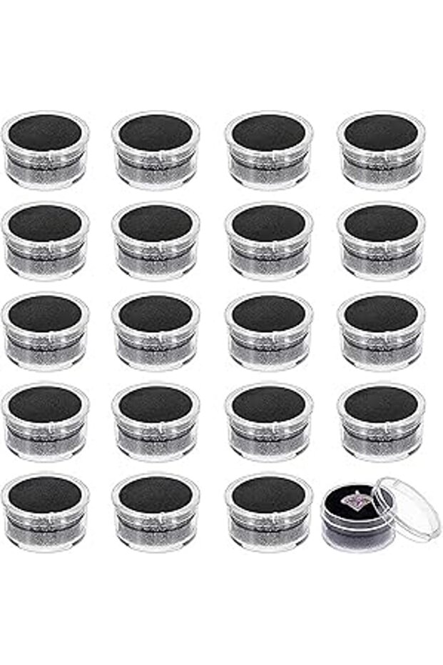 20 Black Mini Round Stone Boxes – Plastic Storage with Sponge for Jewelry, Nails & Beads Display