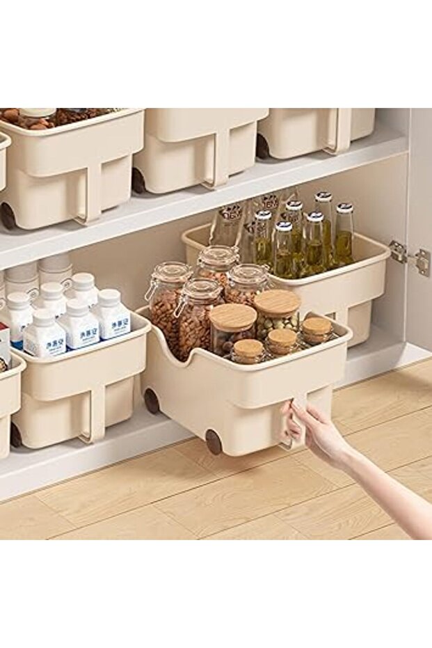 3-Pack Storage Bins with Wheels – Large Khaki Plastic Baskets with Handles for Closet & Office Use