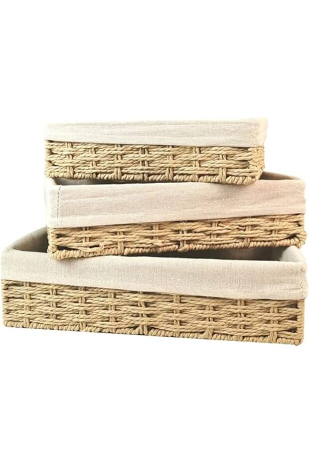 3Pcs Wicker Storage Baskets, Hand-Woven Paper Rope Nesting Bins for Shelf Organization – Beige