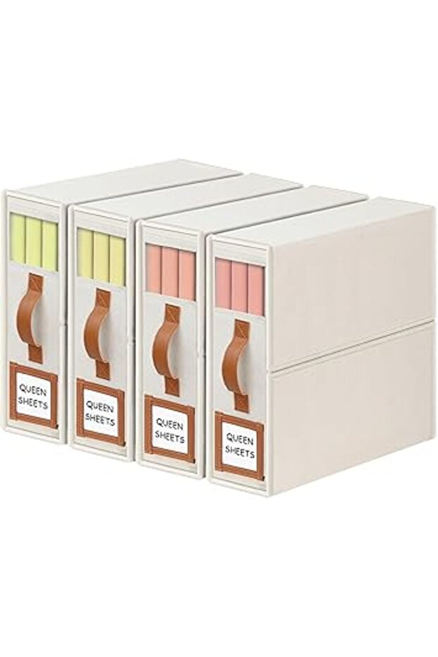 Foldable Bed Sheet Organizers – 4-Pack Storage Bins with Handles for Closet & Linen (Beige)