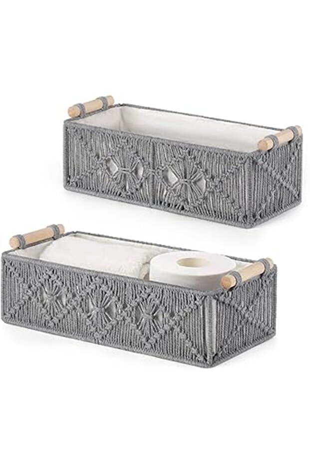 Set of 2 Woven Storage Baskets, Boho Decorative Organizer for Shelf, Countertop, Toilet Tank – Grey