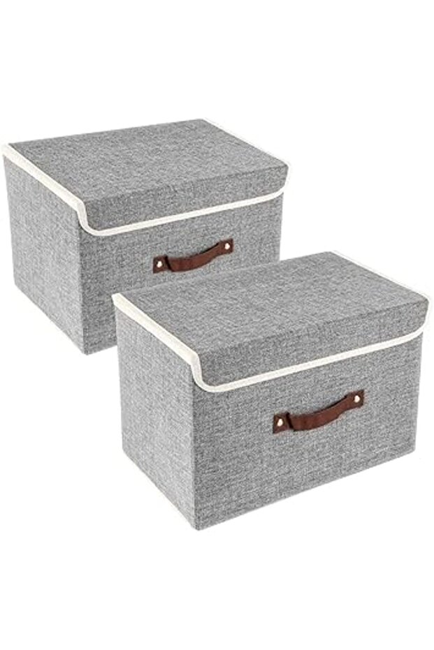 2-Pack Foldable Storage Bins with Lids & Handles, Linen Organizer for Toys, Clothes, Books – Gray
