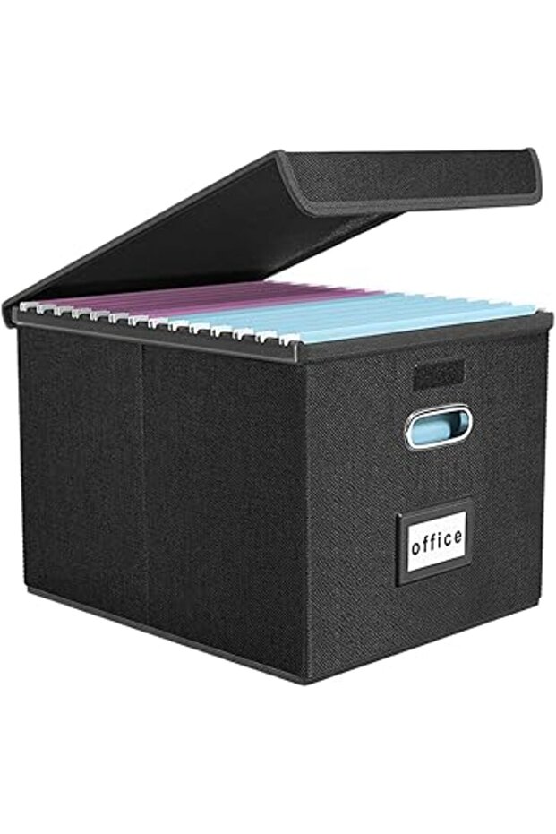 Collapsible Linen File Organizer Box with Lid & Slide – Portable Document Storage, Black