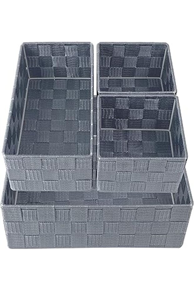 Woven Storage Basket Set of 4, Shelf Organizer for Bathroom, Desk, Drawers, Shelves - Grey