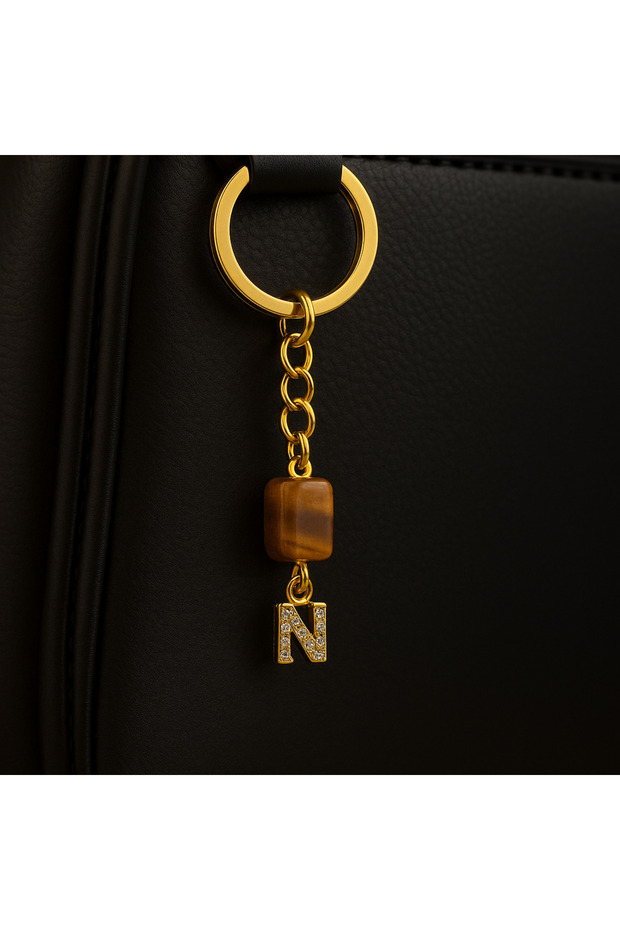 Gold Color Stone N Letter Tiger Eye Keychain Charm