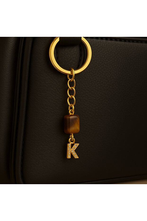 Gold Color Stone K Letter Tiger Eye Keychain Charm