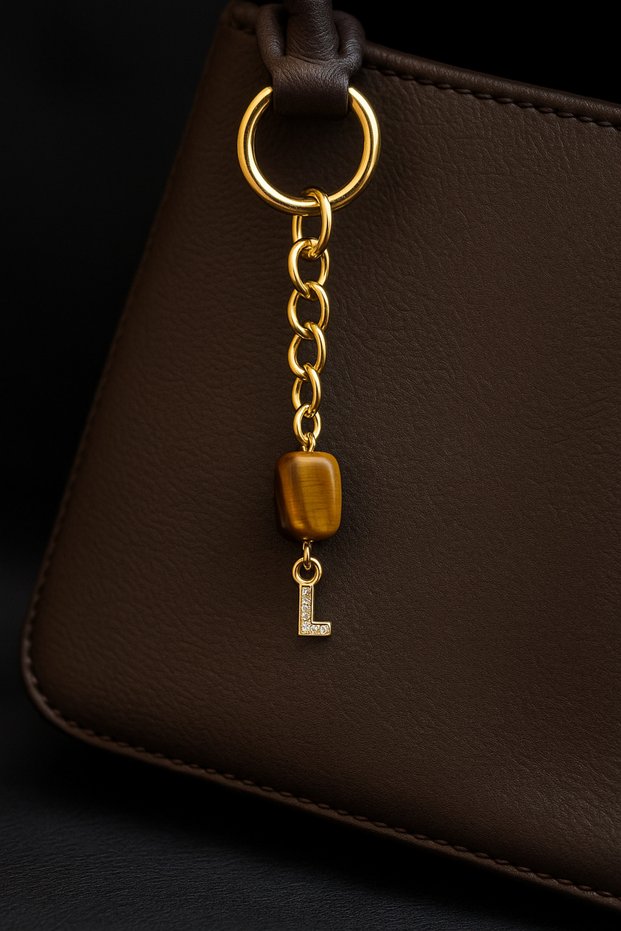 Gold Color Stone L Letter Tiger Eye Keychain Charm