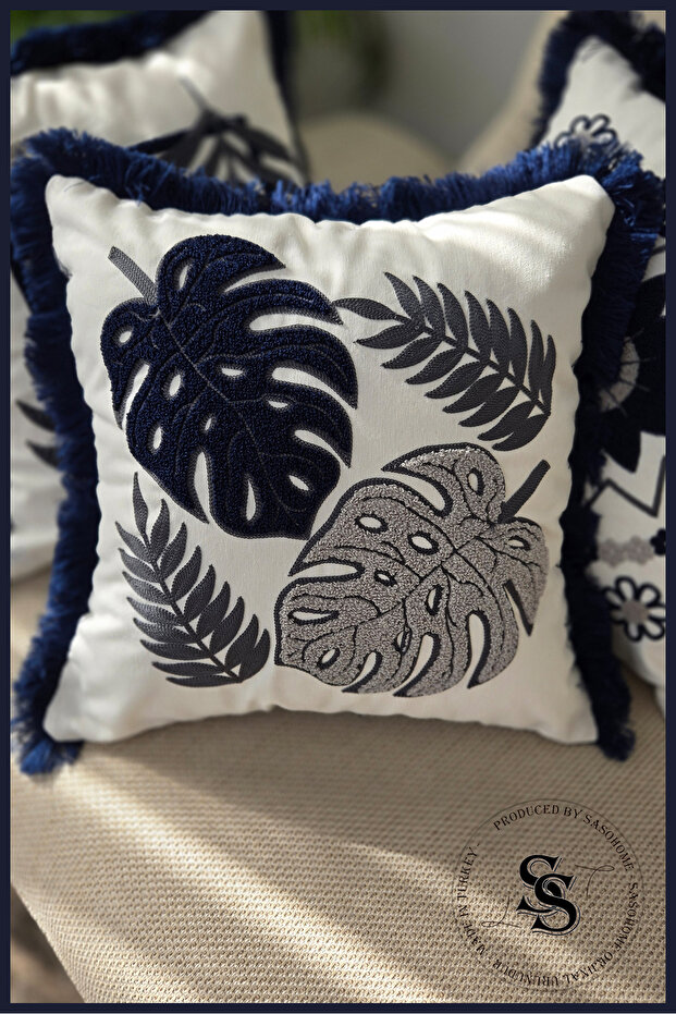 Beauty Flowers Punch Embroidered Patterned Linen Cushion Cover