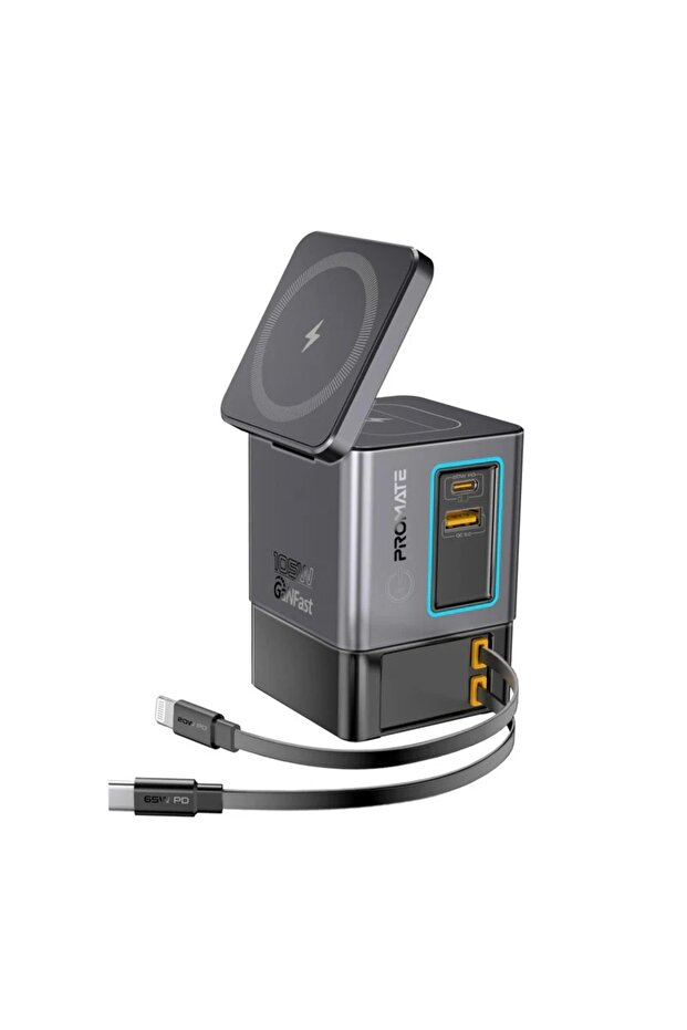 105W GaNFast™ Multi-Port Wireless Charging Station with Dual Retractable Cables