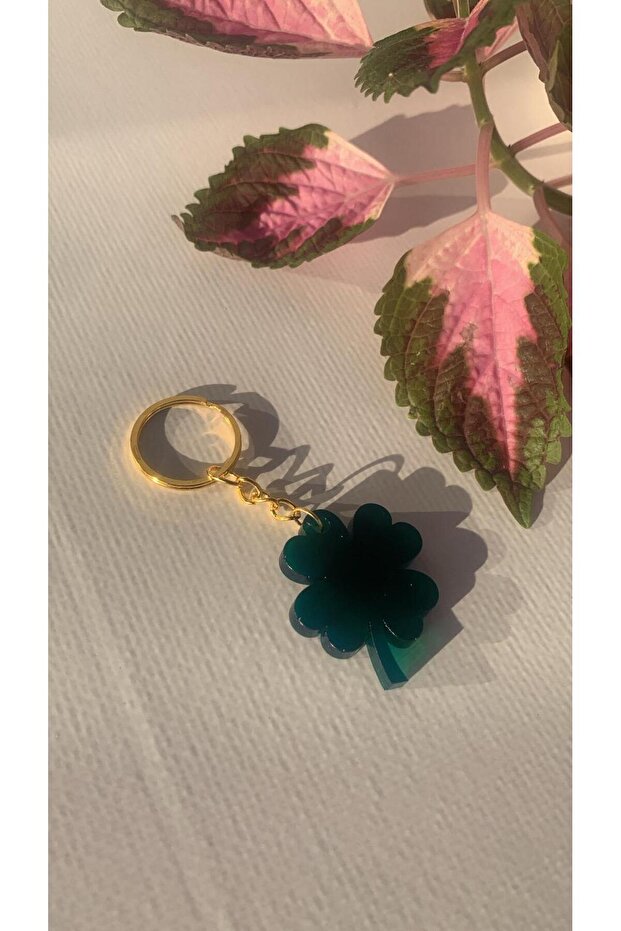 Green Color Clover Shape Small Keychain with Gold Accessories Handmade Epoxy Gift