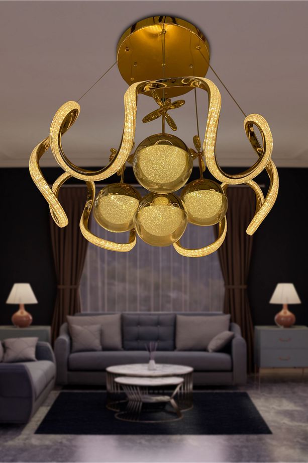 Arya Fanus 4 Toplu Simli Slikonlu Yüksek (Işık) Modern Salon Led Avizesi Kumandasız Gold - 2
