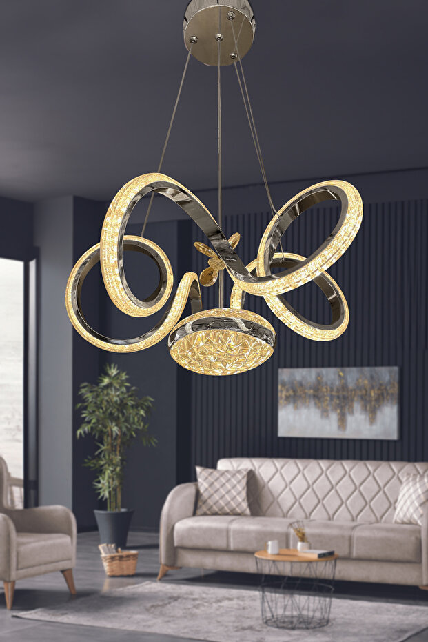 Kıvrım Eliza Tek Toplu Simli Slikonlu Modern Oturma Led Avizesi Kumandasız Krom - 8