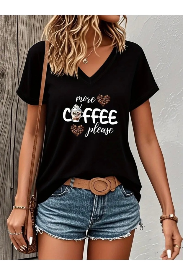 More Coffee Printed Women's Oversize V-Neck T-Shirt