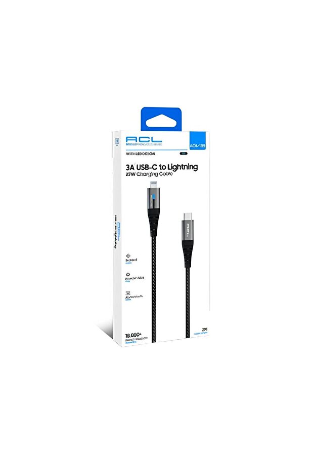 ACK-105 3A, 27 Watt 2mt , Led Işıklı Şarj Kablosu - 1