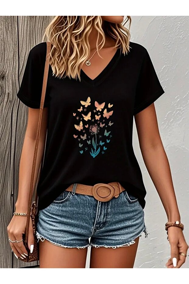 Oversize V-Neck T-Shirt with Butterflies Printed for Women
