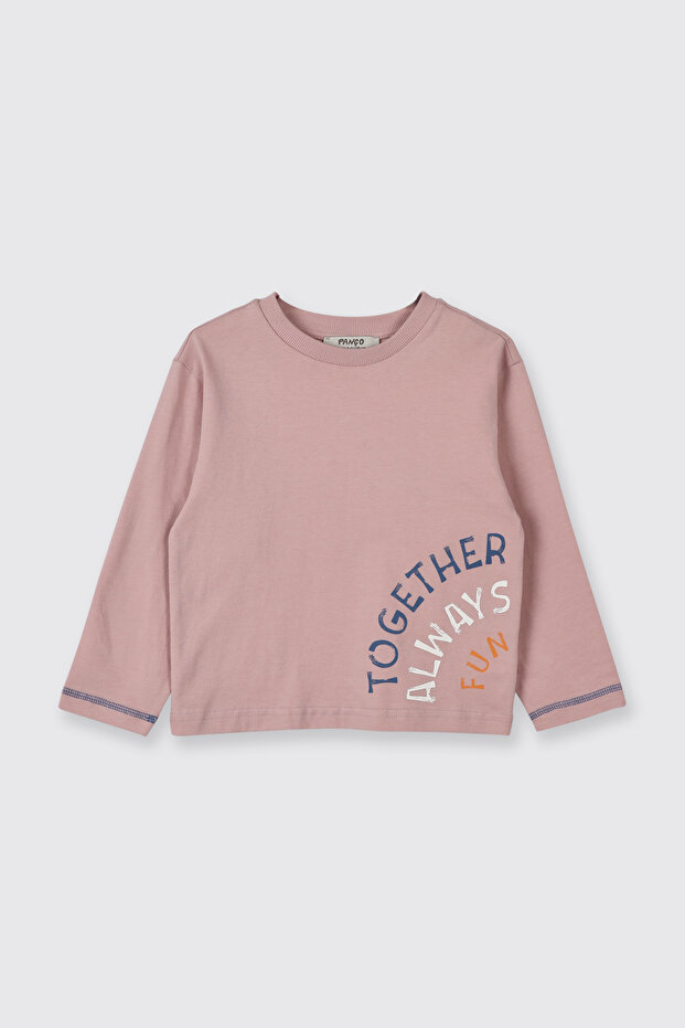 Baby Boy Long Sleeve Crew Neck Pink T-Shirt with Print Detail