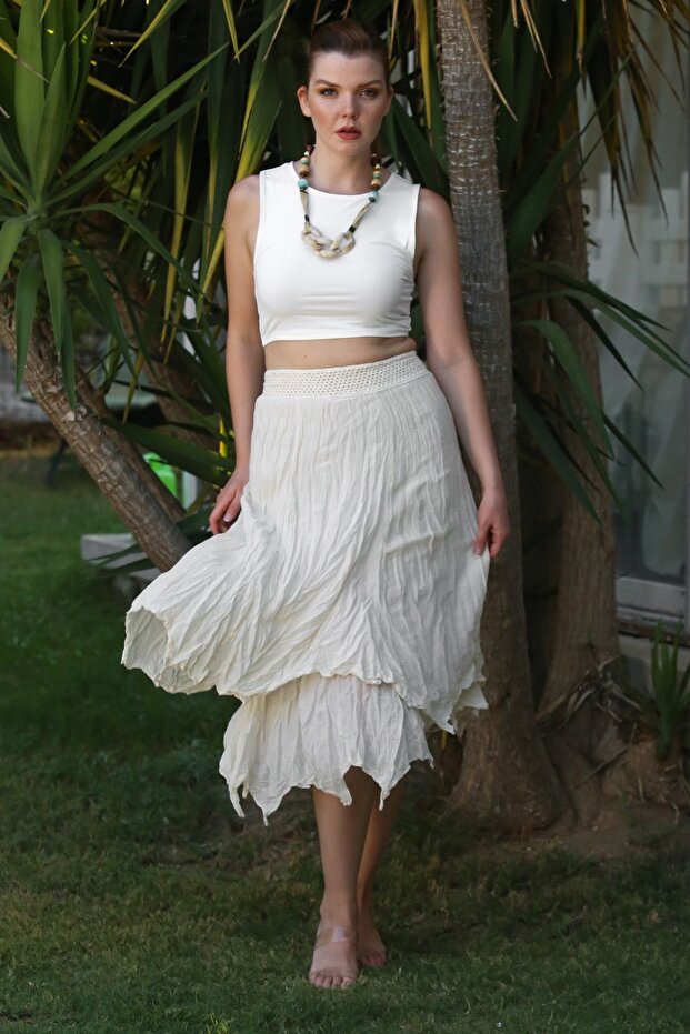 Beige Layered Washed Elastic Waist Casual Crinkle Asymmetrical Woven Skirt 89 70