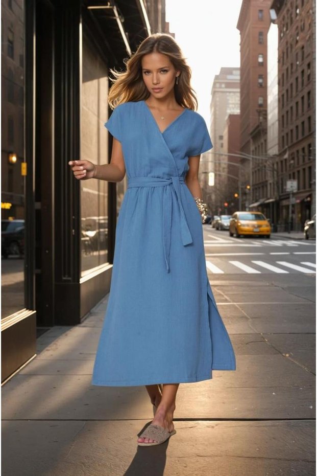 Women's 100% Muslin Cotton Slit Double-Breasted Belted Loose Long Casual Dress Indigo 700-3612451