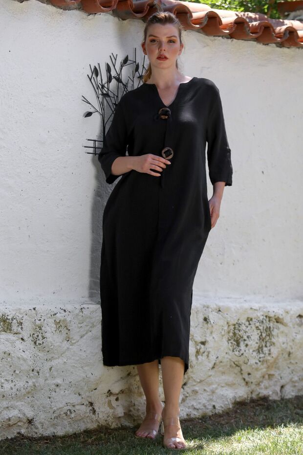 Italian Black V-Neck Button 3/4 Sleeve Casual Linen Look Woven Dress with Hidden Pocket 120 56
