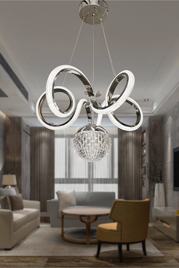 Kıvrım Tekli Kristal Top Simli Slikonlu Modern Oturma Led Avizesi Kumandasız Krom - 9