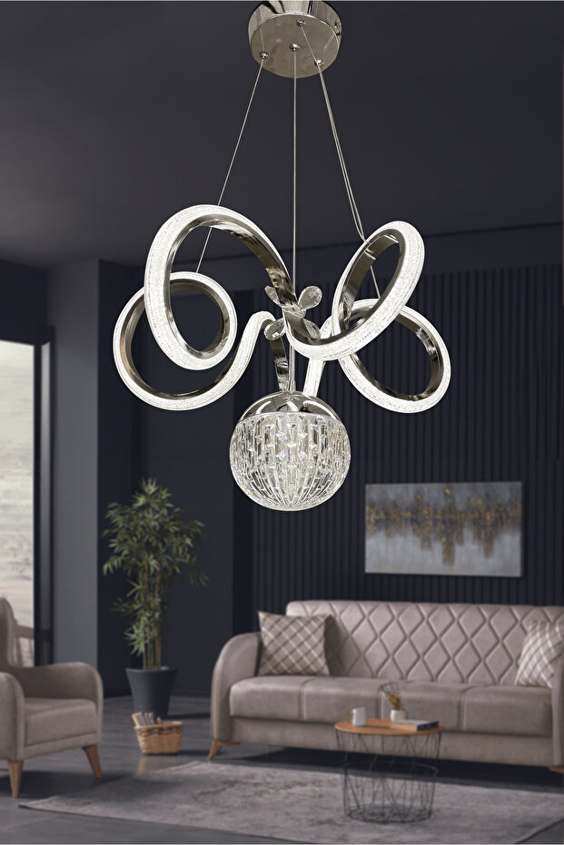Kıvrım Tekli Kristal Top Simli Slikonlu Modern Oturma Led Avizesi Kumandasız Krom - 8