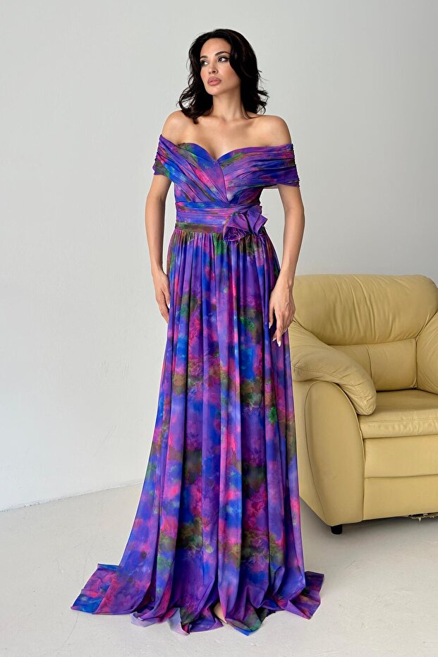 Purple Boat Neck Patterned Tulle Evening Dress