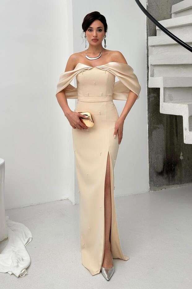 Beige Boat Neck Pearl Detailed Evening Dress