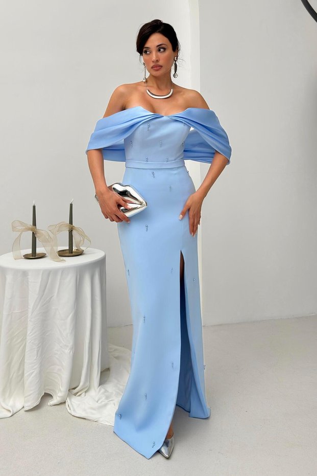 Baby Blue Boat Neck Pearl Detailed Evening Dress