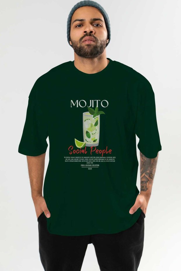 Mojito Cocktail Front Printed Green Oversize T-Shirt Men's Women's 100% Cotton Crew Neck T-Shirt