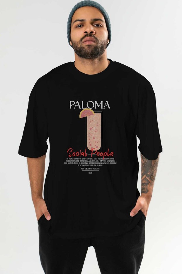 Paloma Cocktail Front Printed Black Oversize T-Shirt Men's Women's 100% Cotton Crew Neck T-Shirt