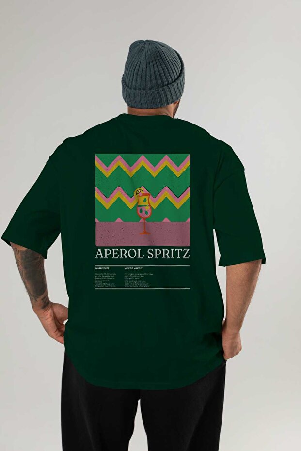 Aperol Spritz Cocktail Back Printed Green Oversize T-Shirt Men Women Cotton Crew Neck T-Shirt