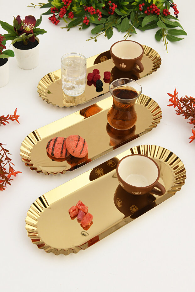 Davin Gold 3-Piece Decorative Stainless Oval Serrated Edges Special Presentation Tray