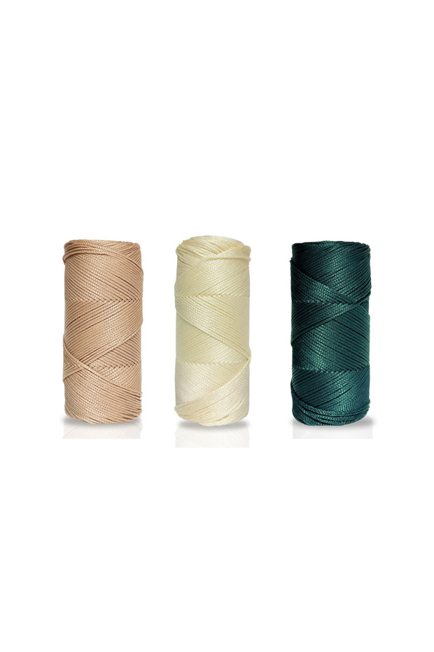 3’lü Polyester Makrome İpi Seti 600 gr –Autumn Forest Seti – Sütlü Kahve, Ekru, Nefti Yeşil– 2mm No4 - 1