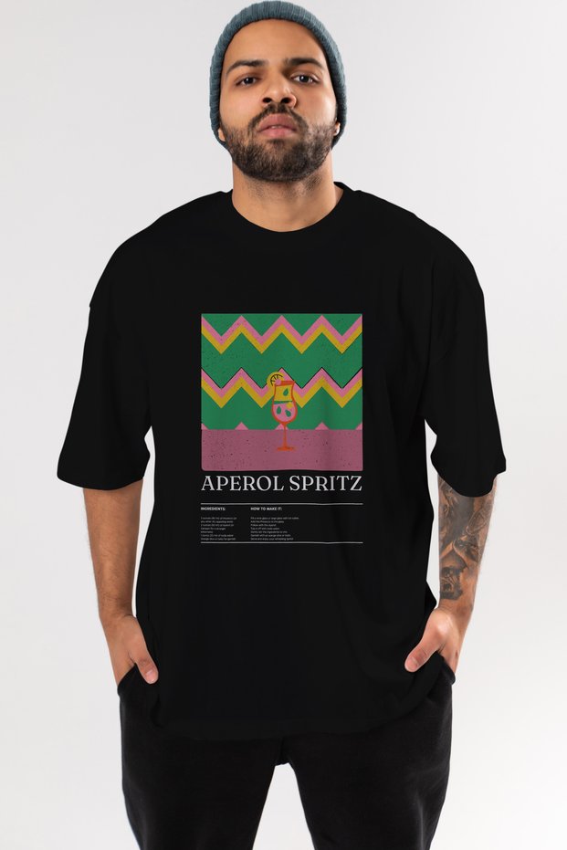 Aperol Spritz Cocktail Front Printed Black Oversize T-Shirt Men Women Cotton Crew Neck Tshirt