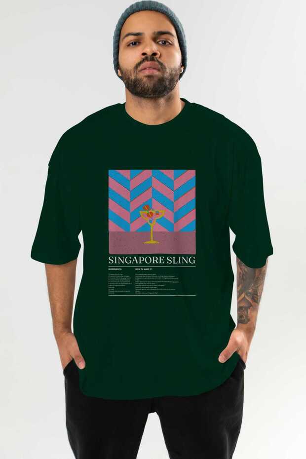 Singapore Sling Cocktail Front Printed Green Oversize T-Shirt Men Women Cotton Crew Neck Tshirt