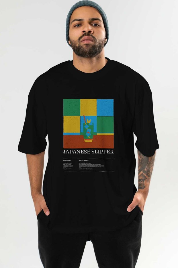 Japanese Slipper Cocktail Front Printed Black Oversize T-Shirt Men Women Cotton Crew Neck Tshirt