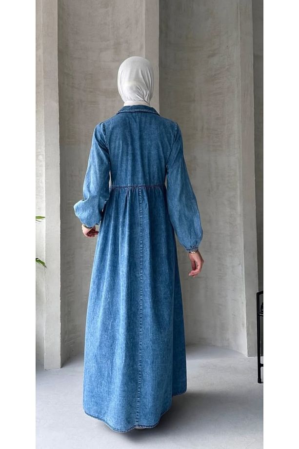 Salaş Nakış Detaylı Düğmeli Kot Elbise -Mavi Tesettür Tunik Elbise Modeli - 3