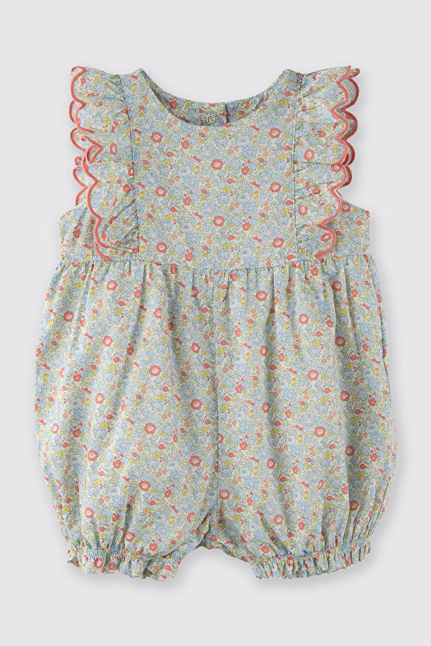Liberty Fabric Floral Patterned Newborn Jumpsuit with Ruffle Detail on the Sleeves