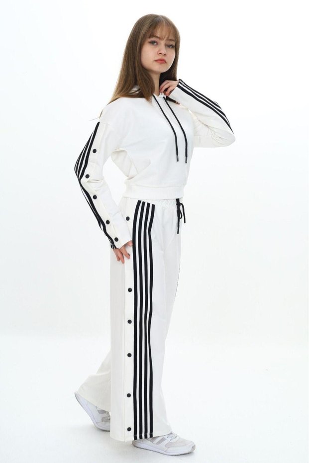 Girls' 100% Cotton Striped Hooded Snap-Button Bottom & Top Tracksuit Set-5010